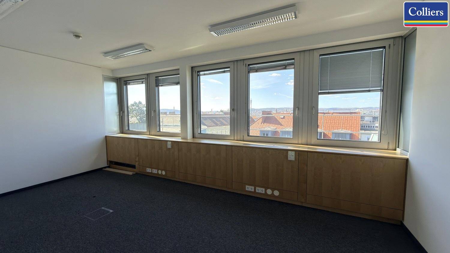 Leeres Büro mit Teppichboden, breiter Fensterfront und Jalousien, bietet viel Tageslicht.