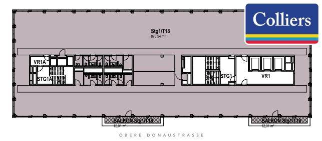 Grundriss eines Bürogeschosses mit Balkonen und flexiblen Arbeitsbereichen entlang der Fassade.