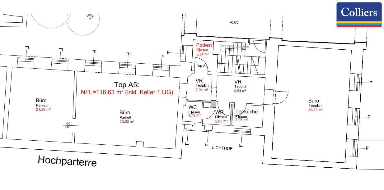 Ein Grundrissplan, der die Aufteilung von Büroräumen, Teeküche und Sanitäranlagen im Hochparterre zeigt.