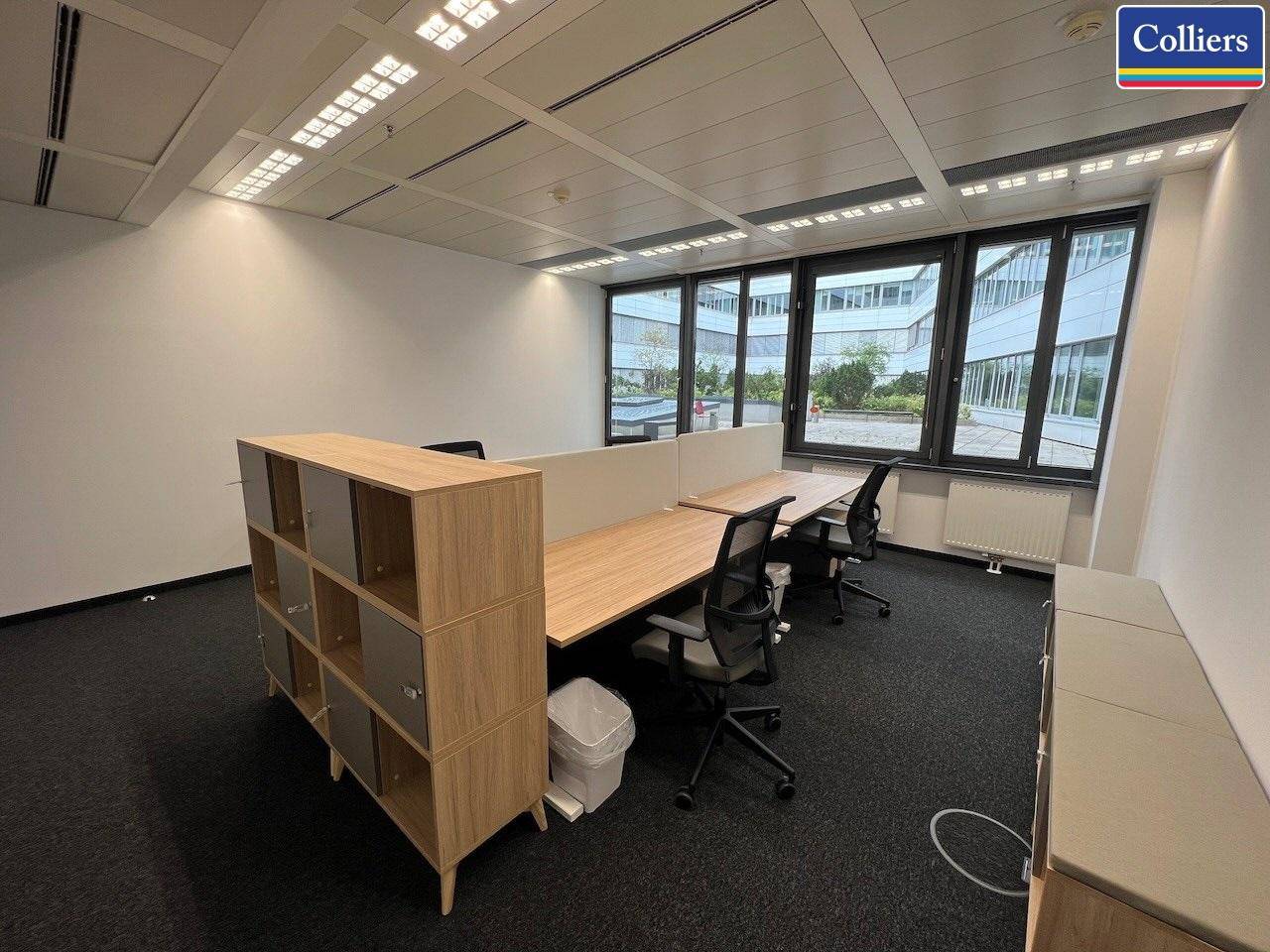 Helles Büro mit mehreren Arbeitsplätzen, großen Fenstern und Teppichboden, ideal für Teamarbeit.