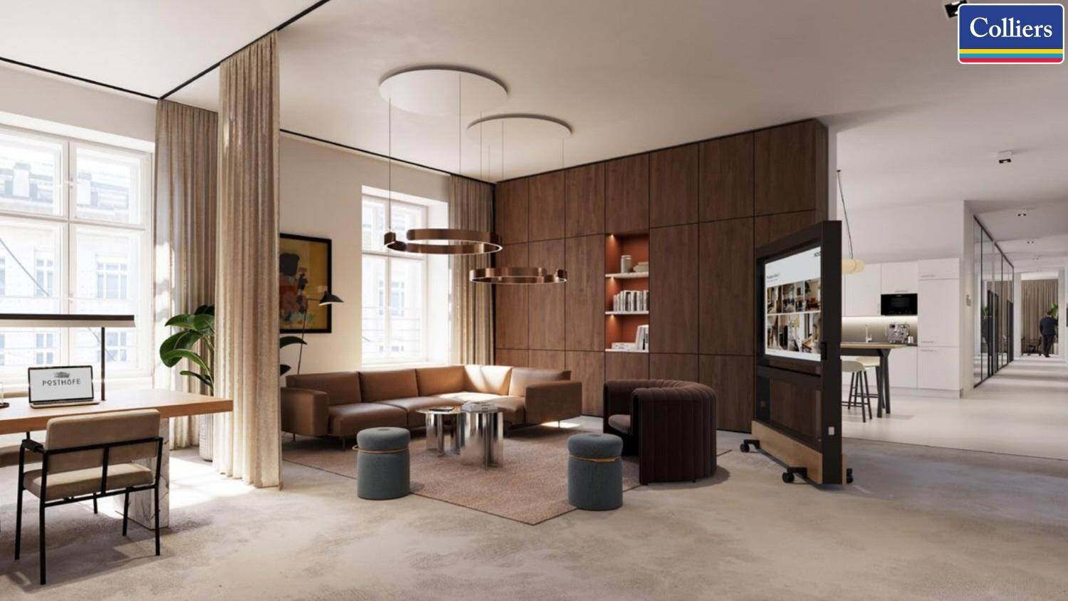 Moderner Büroloungebereich mit bequemen Sofas, Holzwänden und großen Fenstern für viel Tageslicht.