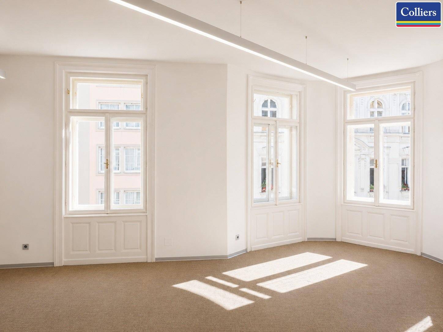 Geräumiger Büroraum mit viel Tageslicht, Teppichboden und eleganter, minimalistischer Beleuchtung.