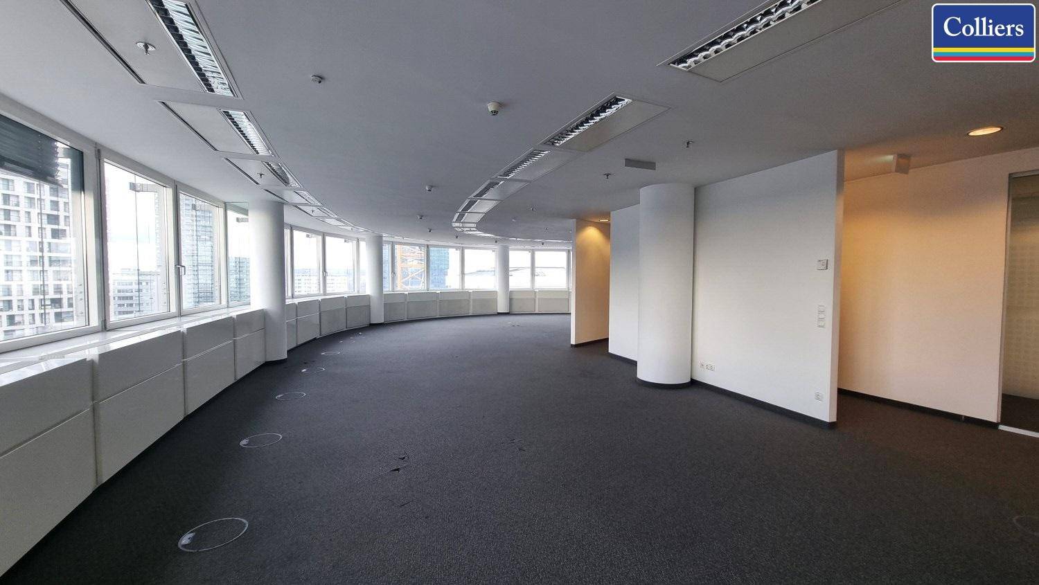 Großer, leerer Büroraum mit Teppichboden, vielen Fenstern und natürlichem Lichteinfall, bereit zur individuellen Gestaltung.