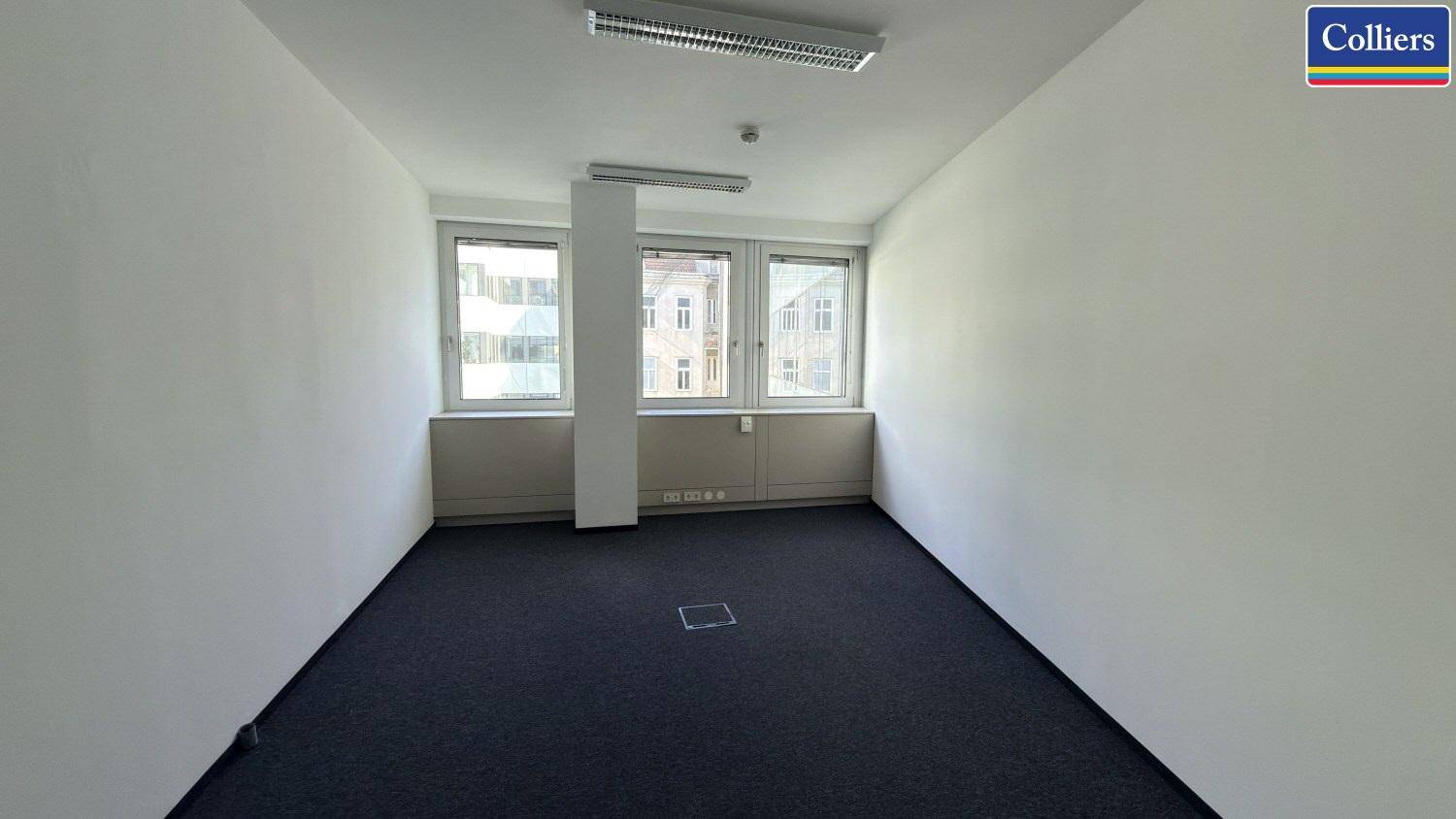 Einzelbüro mit Teppichboden, weißen Wänden und Fenstern, die für ausreichend Helligkeit sorgen.
