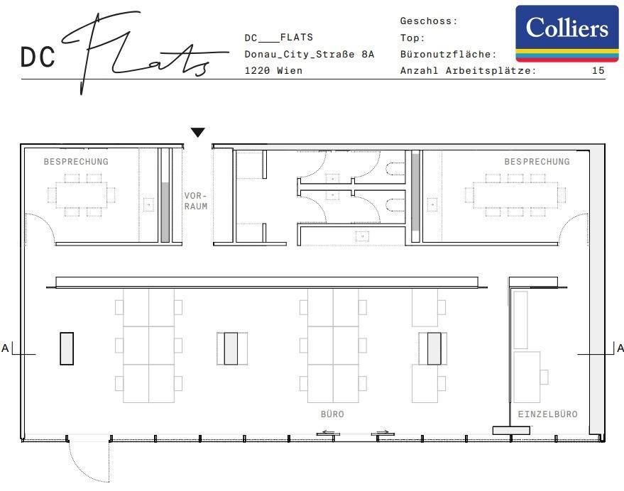 Detaillierter Grundriss einer Bürofläche mit Besprechungsräumen, Einzelbüros und offenem Arbeitsbereich.