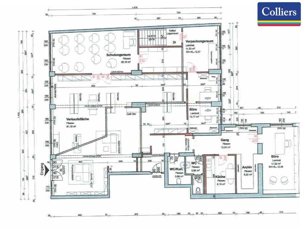 Detaillierter Grundriss der Gewerbefläche mit Verkaufsraum, Schulungsraum, Büros und Nebenräumen.