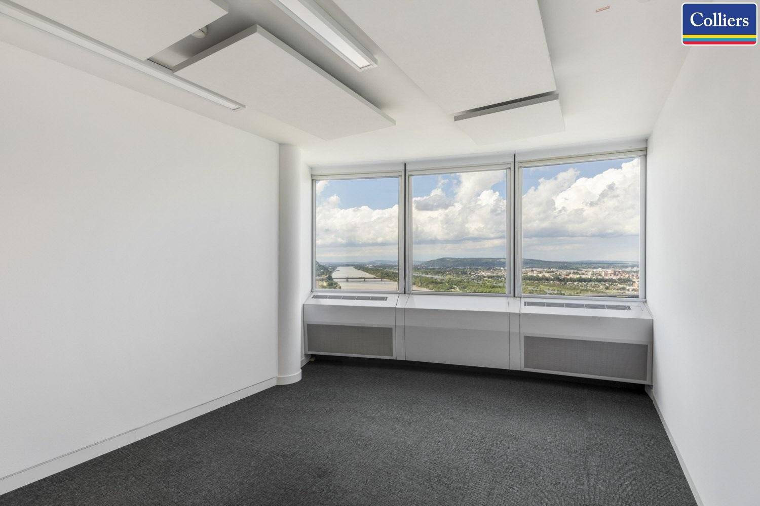 Helles Einzelbüro mit Teppichboden und großen Fenstern, die einen weiten Blick ermöglichen.