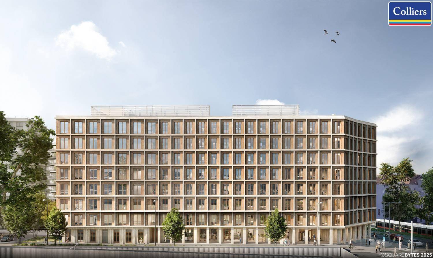 Ansicht der modernen Gebäudefassade von der Straße, mit vielen Fenstern und einer klaren architektonischen Struktur.