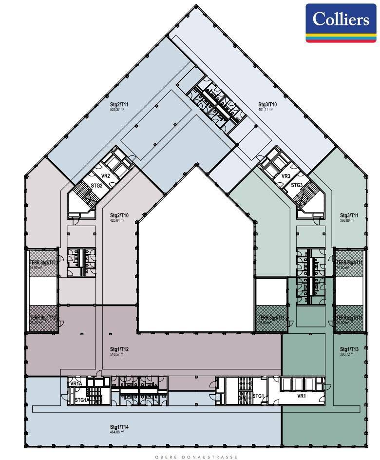 Grundriss eines Bürogeschosses mit Terrassenbereichen und flexiblen Büroeinheiten.
