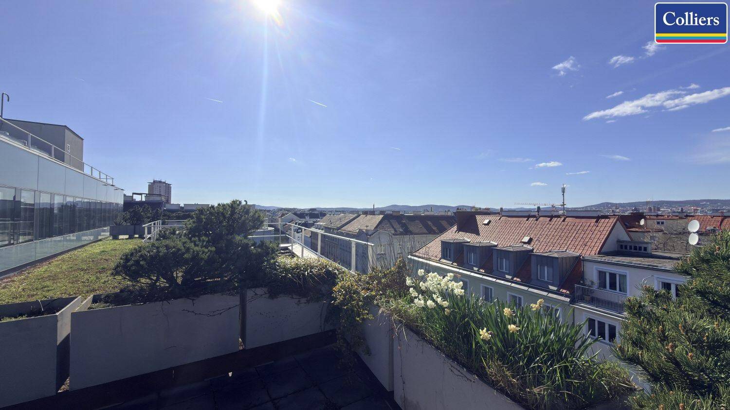 Dachterrasse mit Stadtblick, Pflanzenkübeln und blühenden Blumen unter blauem Himmel.