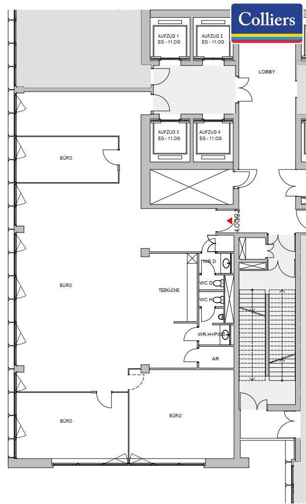 Grundrissplan einer Büroetage mit mehreren Büros, Teeküche und Aufzügen.