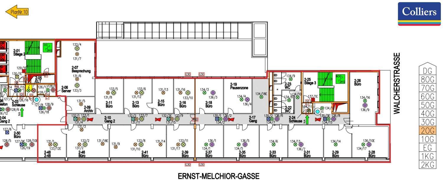 Detaillierter Grundriss des zweiten Obergeschosses mit verschiedenen Büroräumen und Gängen.