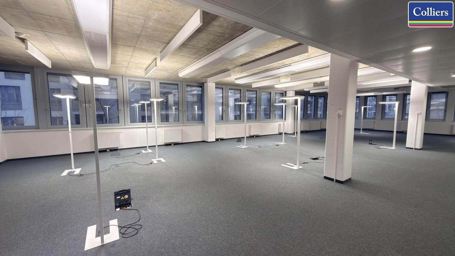 Großes, helles Büro mit Teppichboden, vielen Fenstern und einer Reihe moderner Stehleuchten.