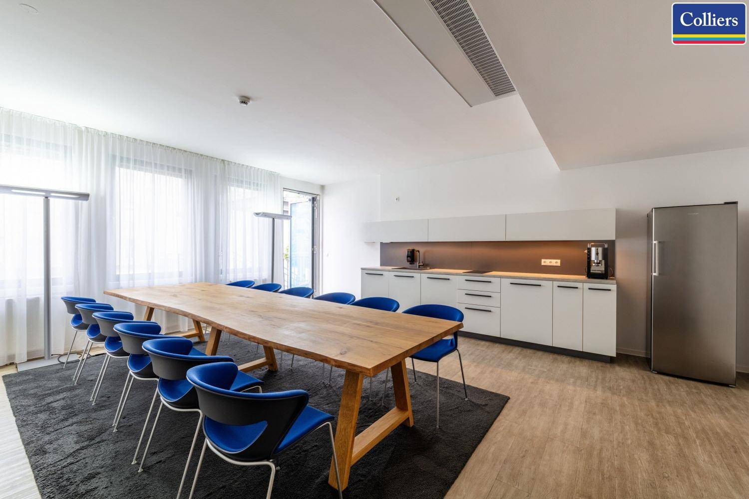 Große, moderne Gemeinschaftsküche mit langem Holztisch, blauen Stühlen und integrierten Geräten.