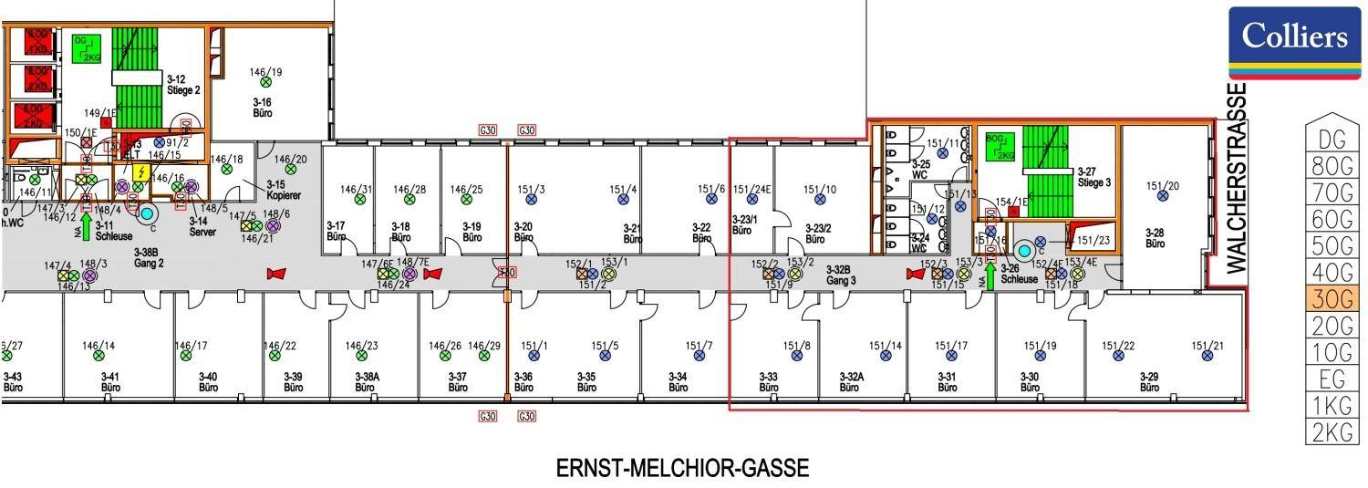 Detaillierter Grundriss des dritten Obergeschosses mit mehreren Büroeinheiten und Gängen.