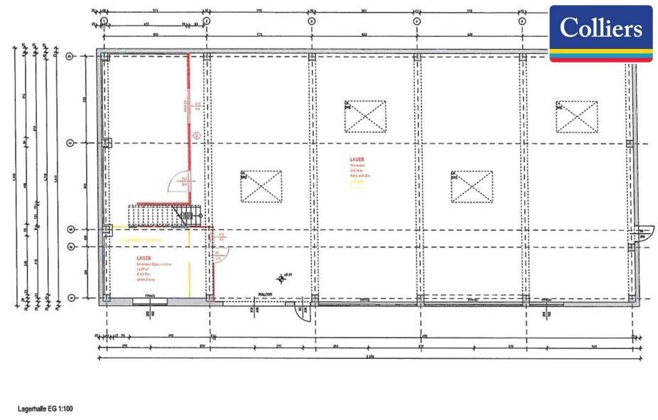 Grundriss einer Lagerhalle mit Maßen und verschiedenen Sektionen, übersichtlich dargestellt.