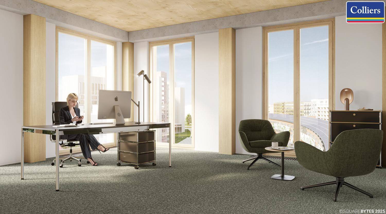 Helles Eckbüro mit großen Fenstern, die einen weiten Blick bieten und viel natürliches Licht hereinlassen.