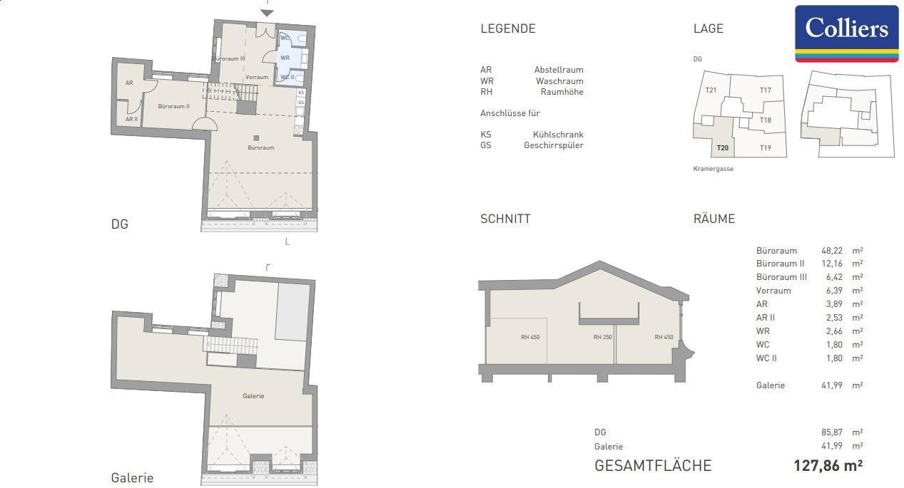 Detaillierter Grundriss mit zwei Ebenen, Schnittansicht und Legende der Raumgrößen und Gesamtfläche von 127,86 m².