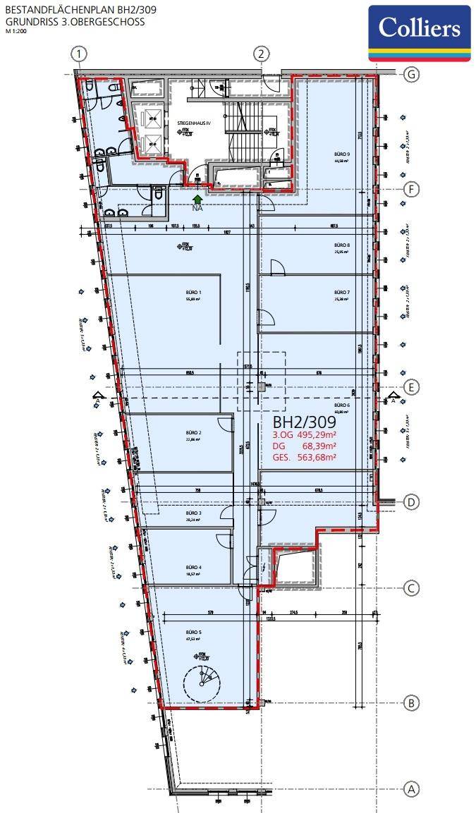 Grundriss des 3. Obergeschosses mit mehreren Büroräumen und einer Gesamtfläche von 495,29 m².