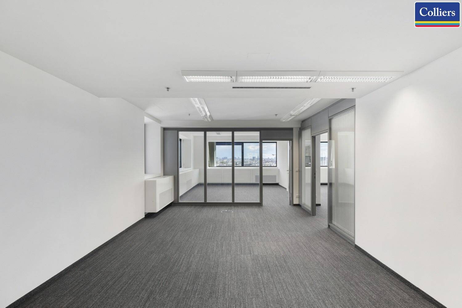 Geräumiges, leeres Büro mit Teppichboden und Glaswänden, die zu weiteren Bürobereichen führen.