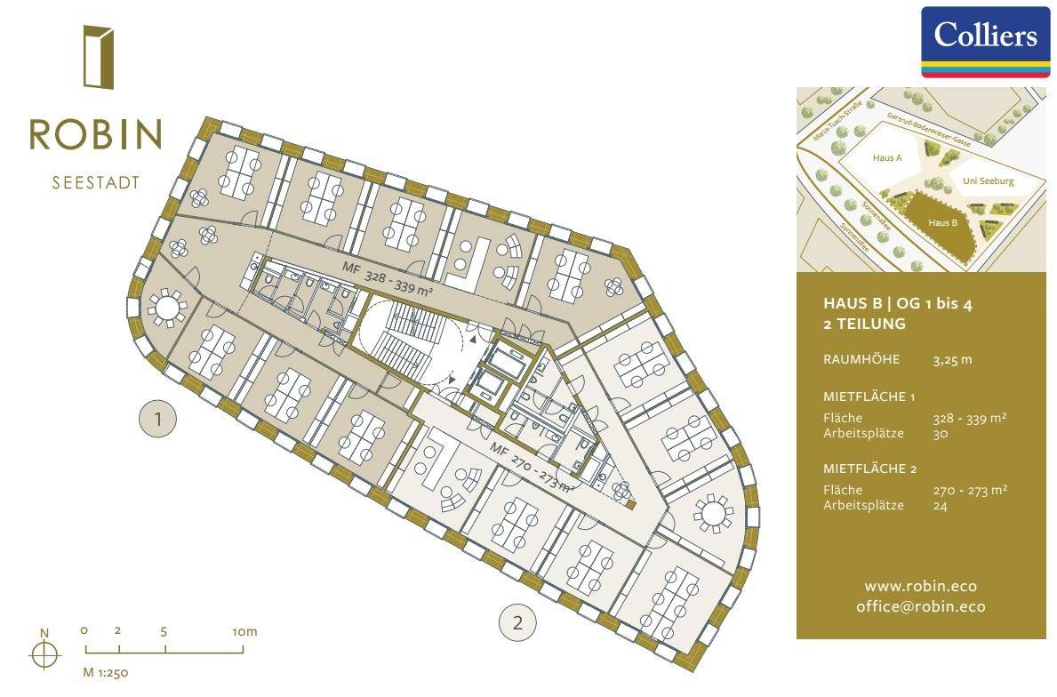 Grundriss der Obergeschosse 1 bis 4 von Haus B, unterteilt in zwei flexible Mieteinheiten.