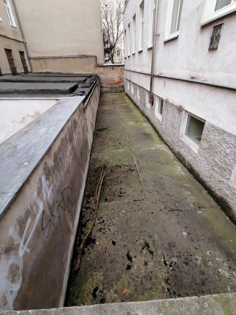 Schmaler, ungepflegter Außenbereich zwischen zwei Gebäuden mit Betonboden und sichtbaren Kellerfenstern eines Altbaus.