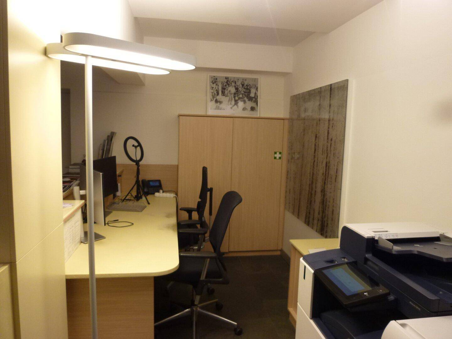 Büroarbeitsplatz mit Drucker, Aktenschrank und moderner Stehleuchte.