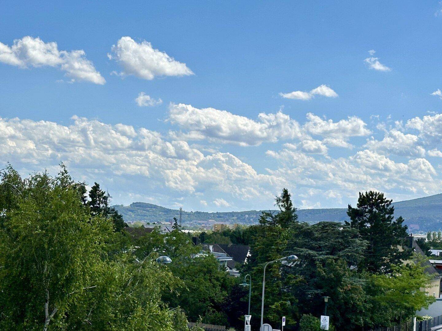 Malerischer Fernblick über eine grüne Landschaft mit Hügeln und weitem Himmel.