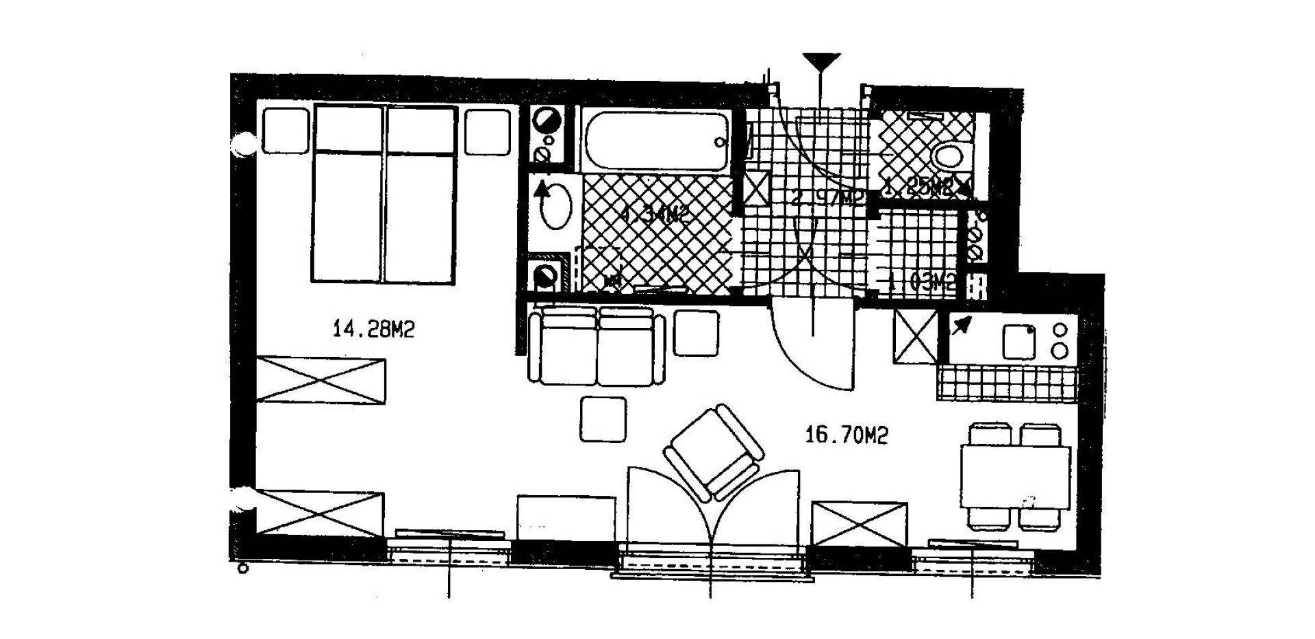 Grundriss einer Wohnung mit Schlafzimmer, Wohnbereich, Bad und Kochnische.