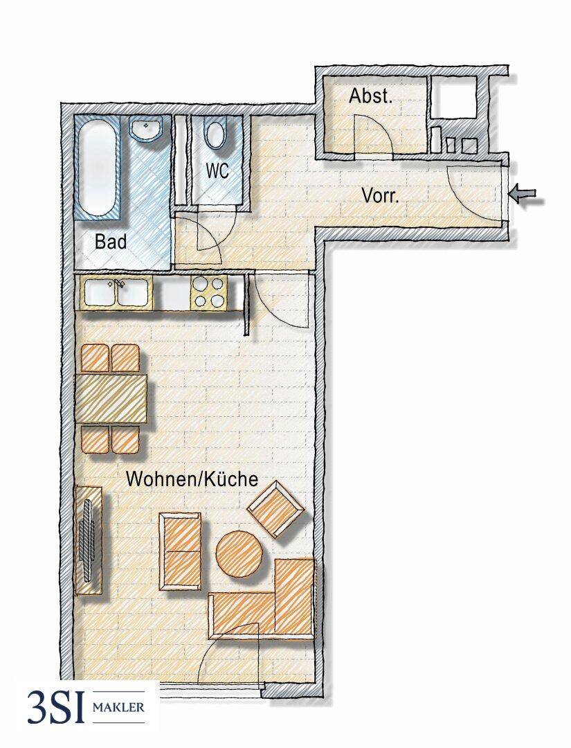 Grundriss einer Wohnung mit offenem Wohn-/Küchenbereich, Bad, separatem WC und Abstellräumen.