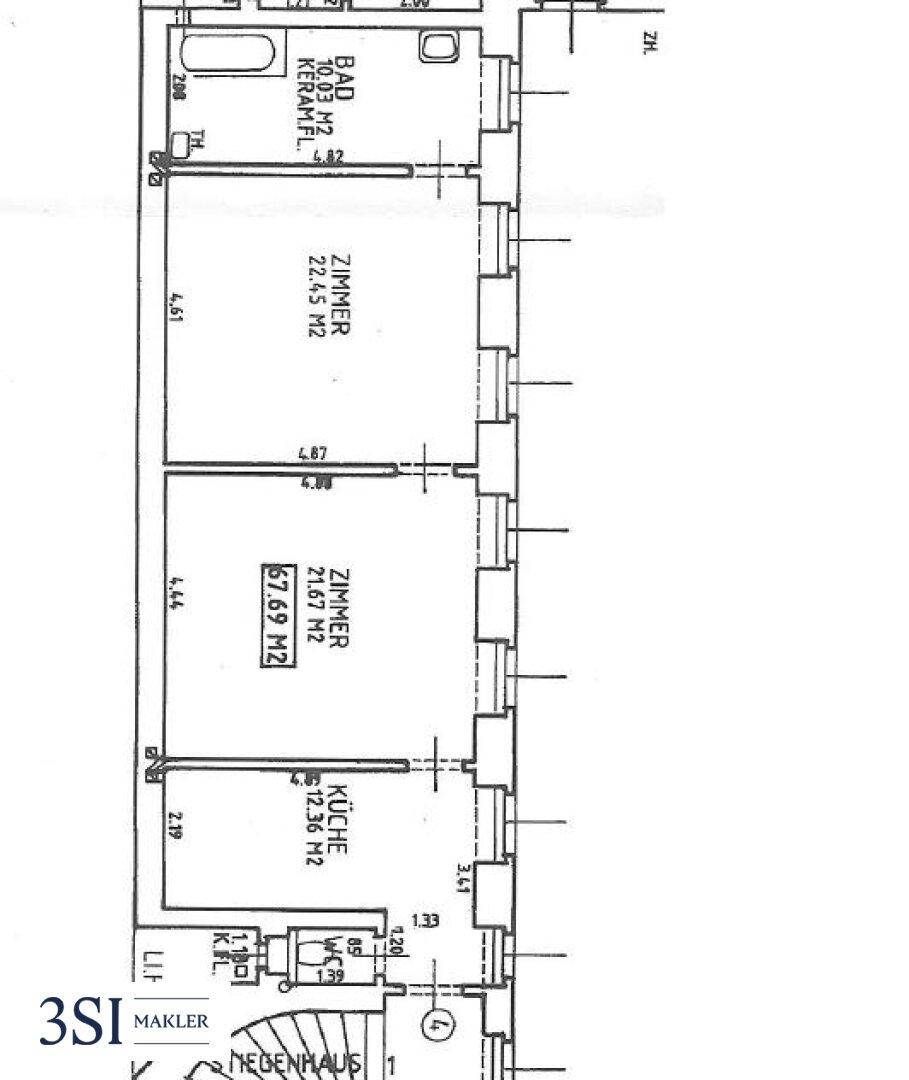 Technischer Grundriss mit Raumaufteilung und Flächenangaben in Quadratmetern.