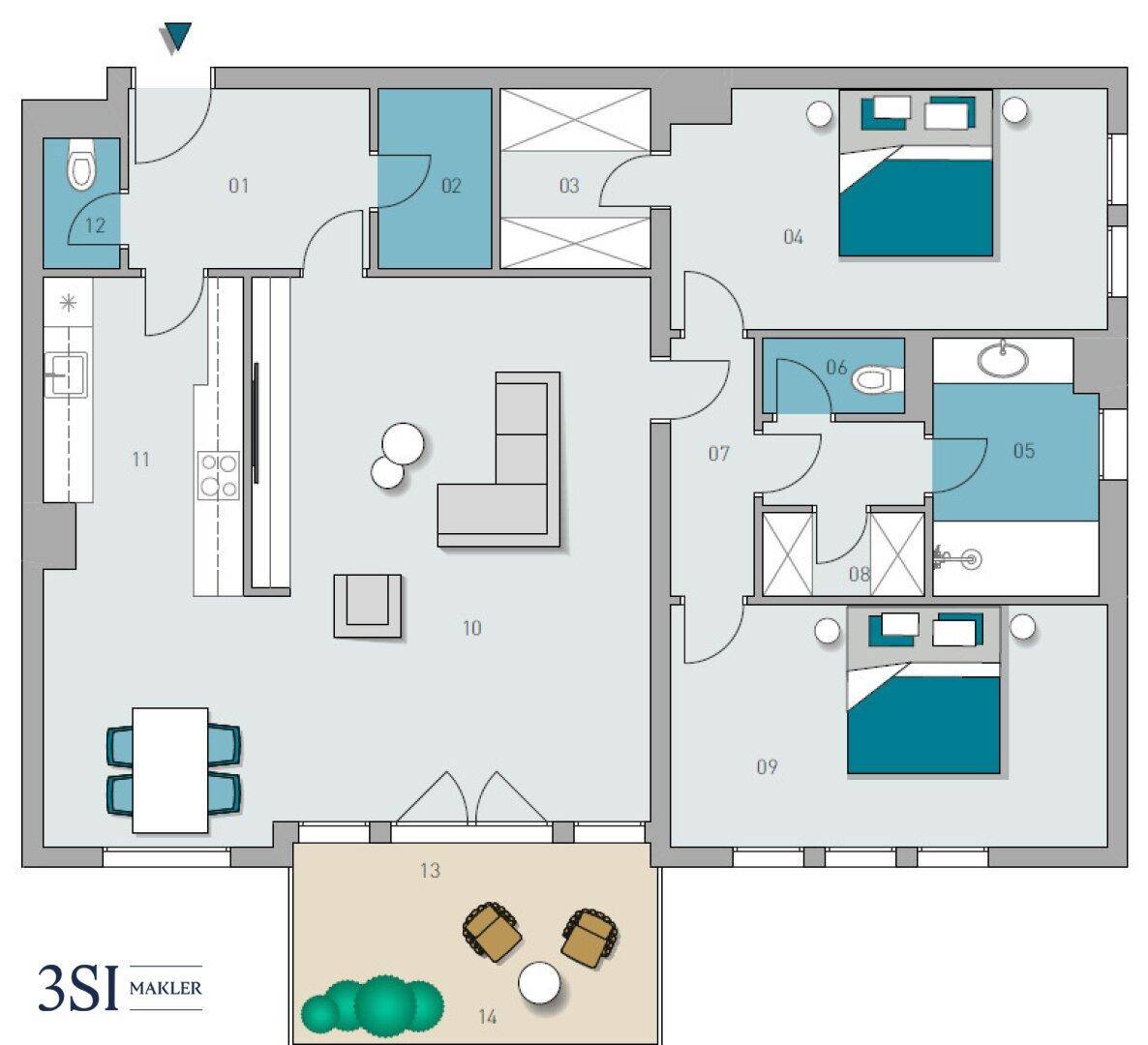 Übersichtlicher Grundriss einer Wohnung mit offenem Wohnbereich, zwei Schlafzimmern und Balkon.