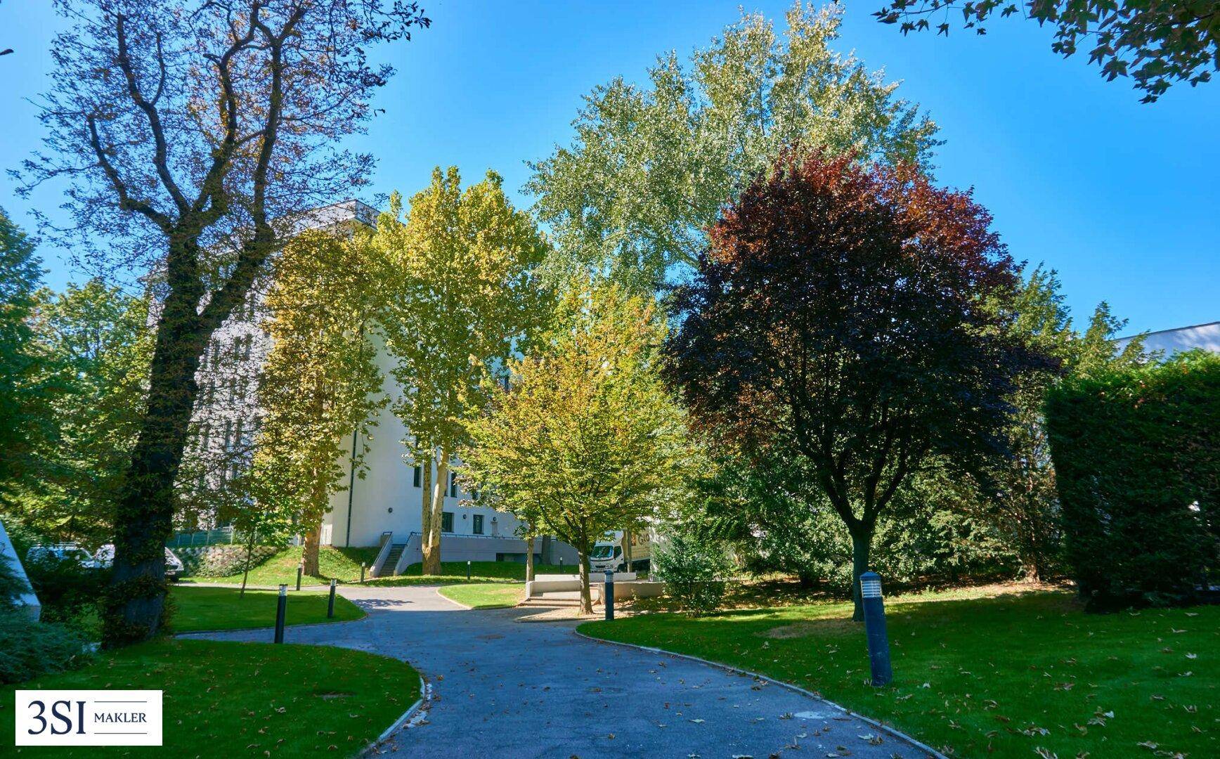 Gepflegte Gartenanlage mit altem Baumbestand und Wegen innerhalb der Wohnanlage.