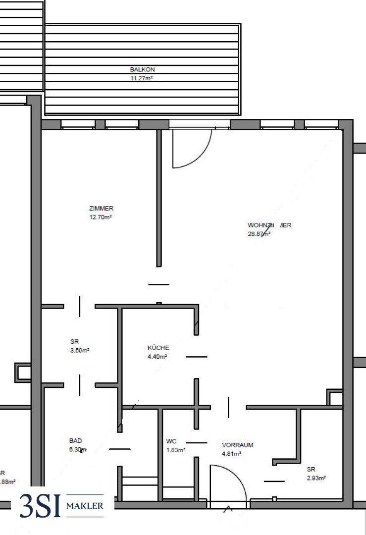 Grundriss einer Wohnung mit Balkon, Wohnzimmer, Küche, Bad und separatem WC.