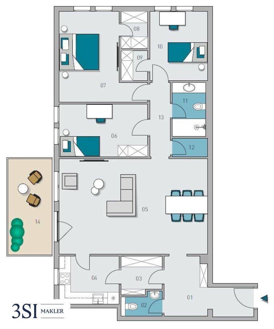 Grundriss einer Wohnung mit drei Schlafzimmern, offenem Wohnbereich und Balkon.
