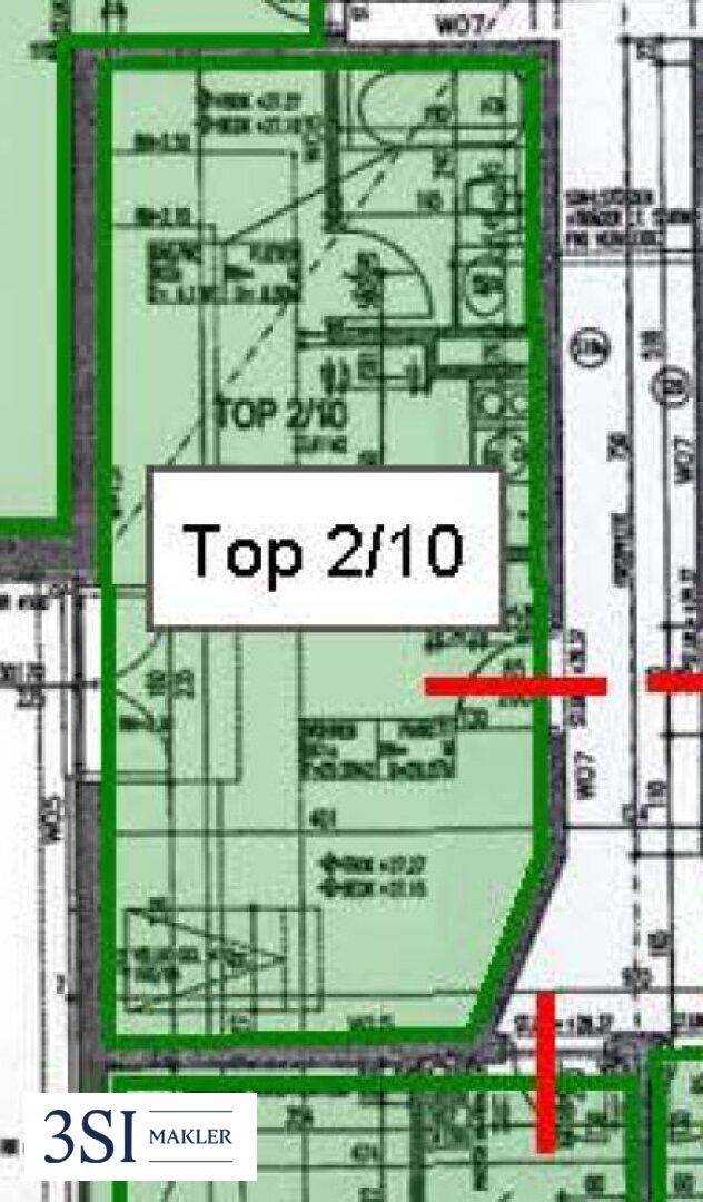 Grundrissplan einer Wohnung, hervorgehoben in Grün, mit der Bezeichnung "Top 2/10".
