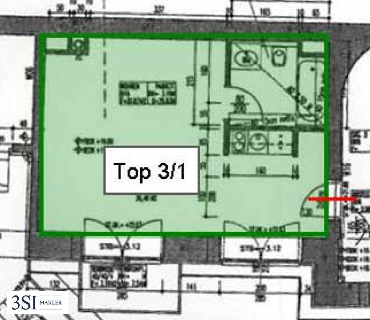 Grundriss der Wohnung Top 3/1 mit Bad, WC und offener Küche.