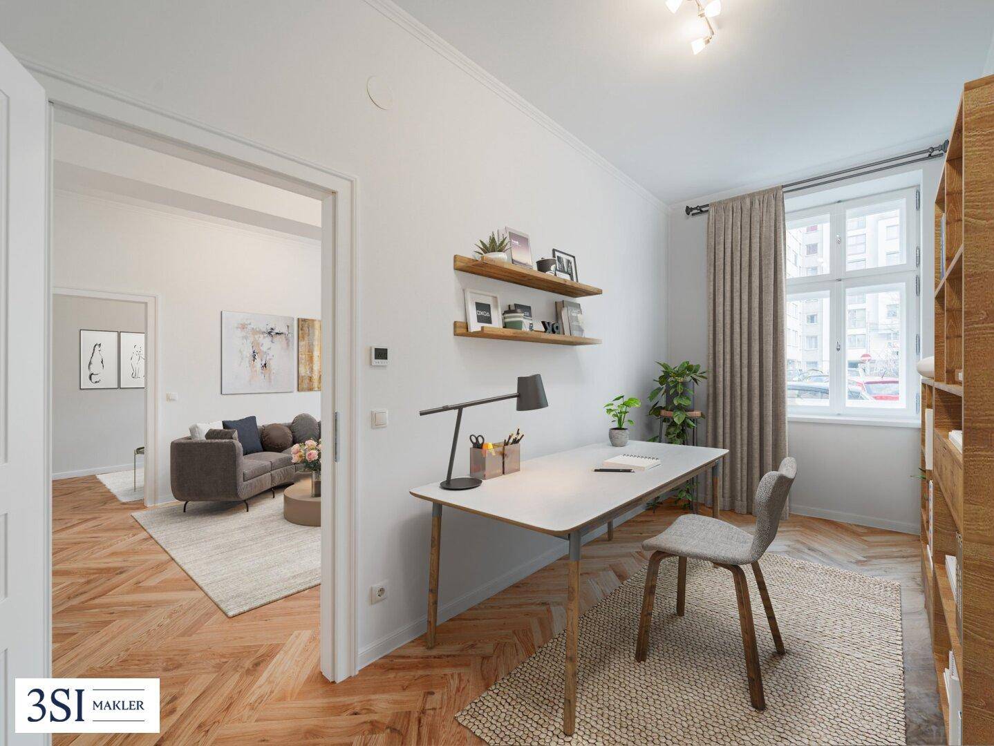 Funktionales Arbeitszimmer mit Schreibtisch, Bücherregal und Fischgrätparkettboden.