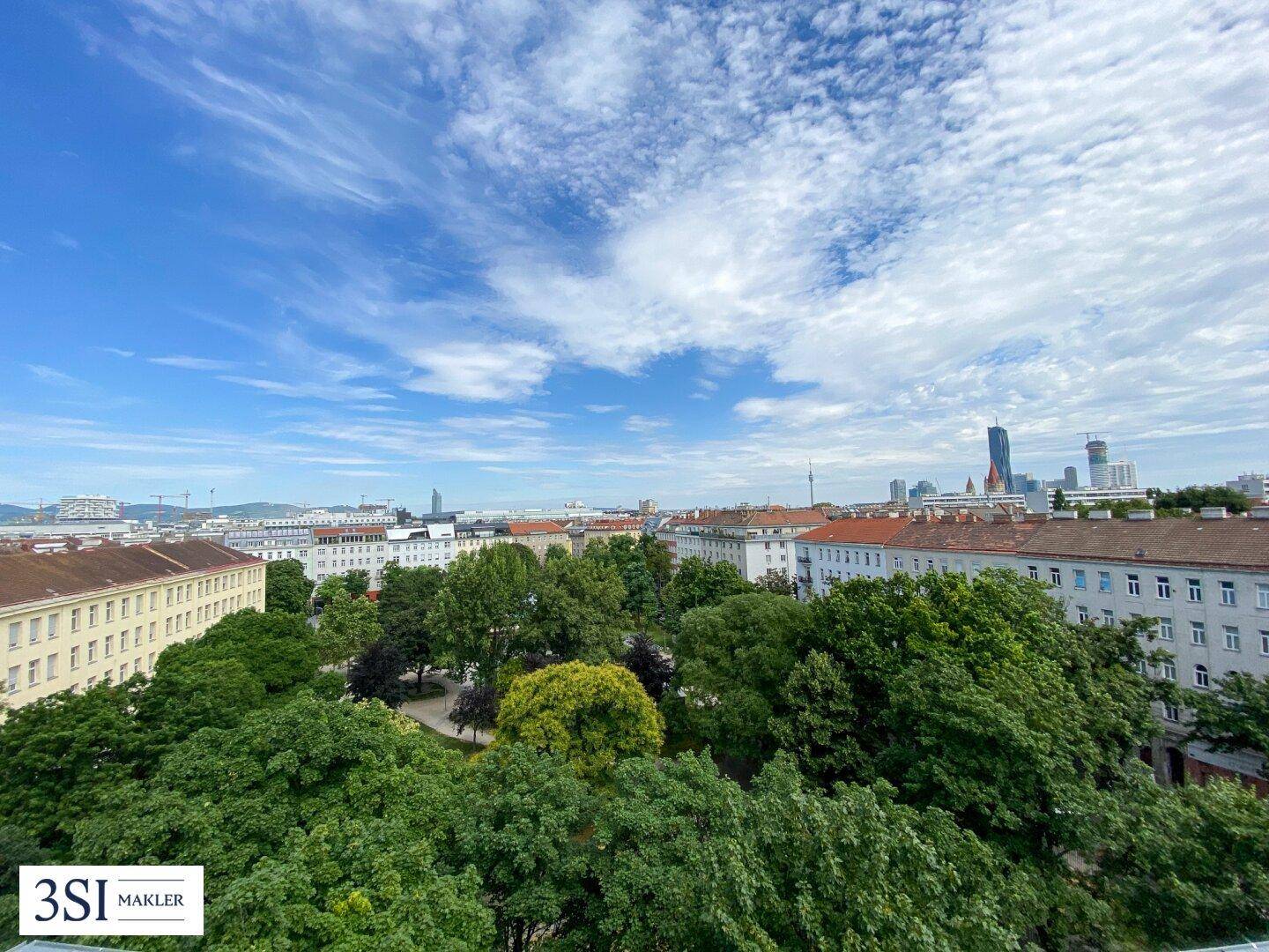 Ausblick auf einen grünen Stadtpark mit hohen Bäumen und urbaner Skyline im Hintergrund.