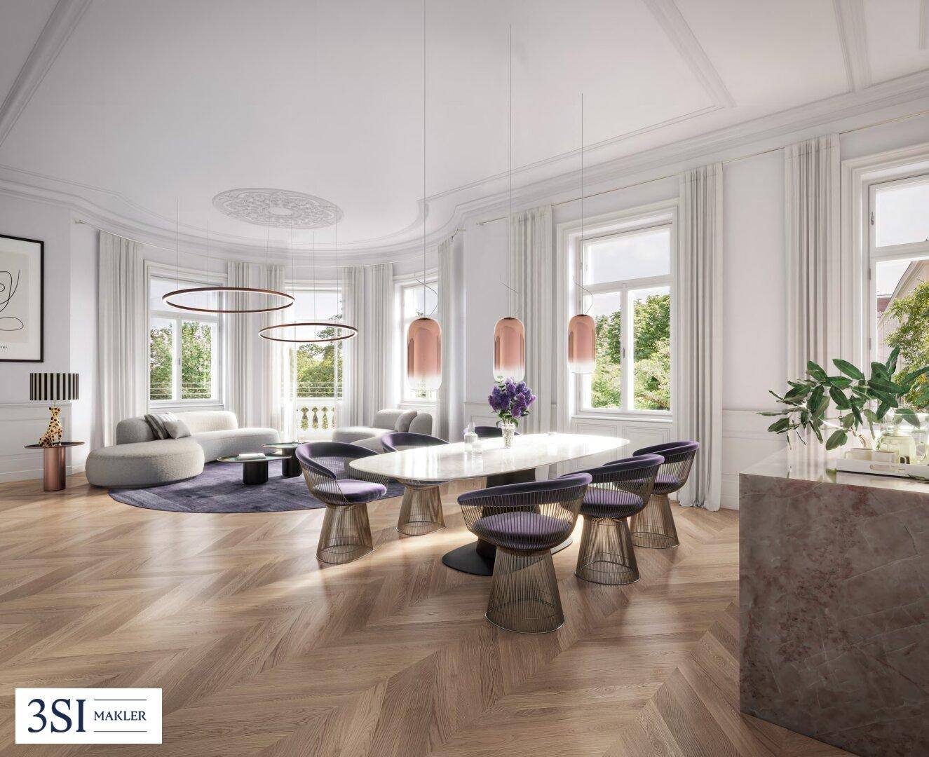 Helles Wohn- und Esszimmer mit Fischgrätparkett, Stuckdecke und modernen Möbeln.