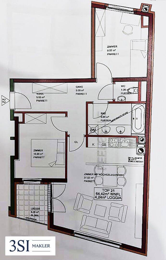 Detaillierter Grundriss einer Wohnung mit 64,42 m² Wohnfläche und Loggia.