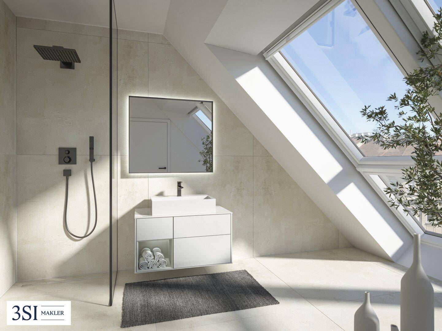 Modernes Badezimmer im Dachgeschoss mit begehbarer Dusche, Einzelwaschbecken und Dachfenster.