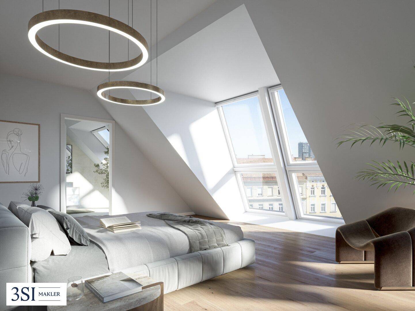 Helles Schlafzimmer im Dachgeschoss mit schrägen Wänden, großen Fenstern und Holzboden.