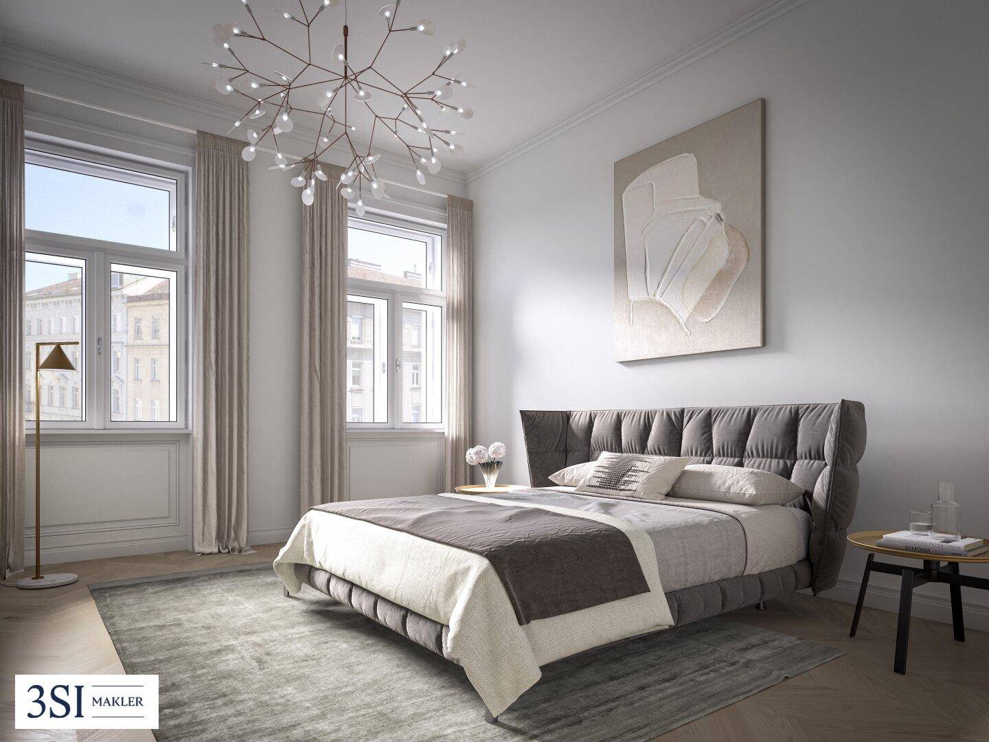 Elegantes Schlafzimmer mit großem Bett, hohen Decken und viel Tageslicht.