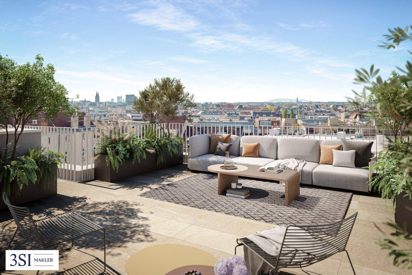 Geräumige Dachterrasse mit Lounge-Möbeln und weitem Blick über die Stadt.