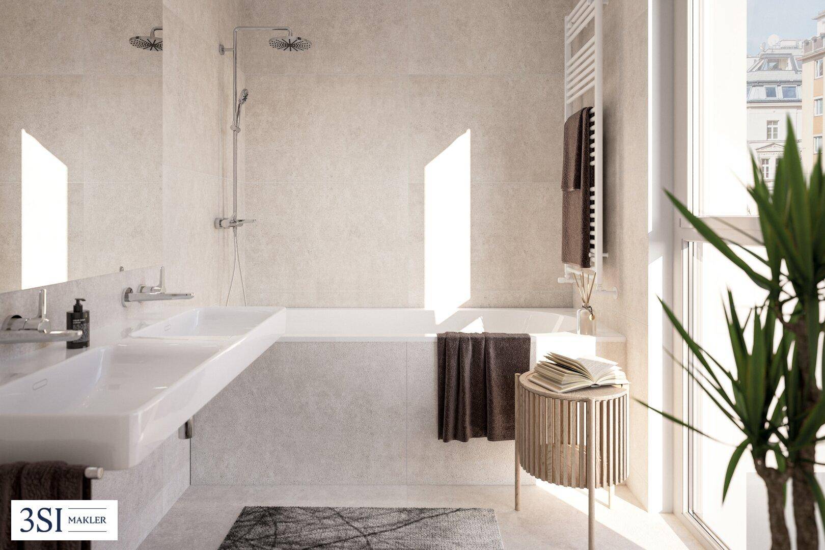 Modernes Badezimmer mit Doppelwaschbecken, Badewanne und großem Fenster für Tageslicht.