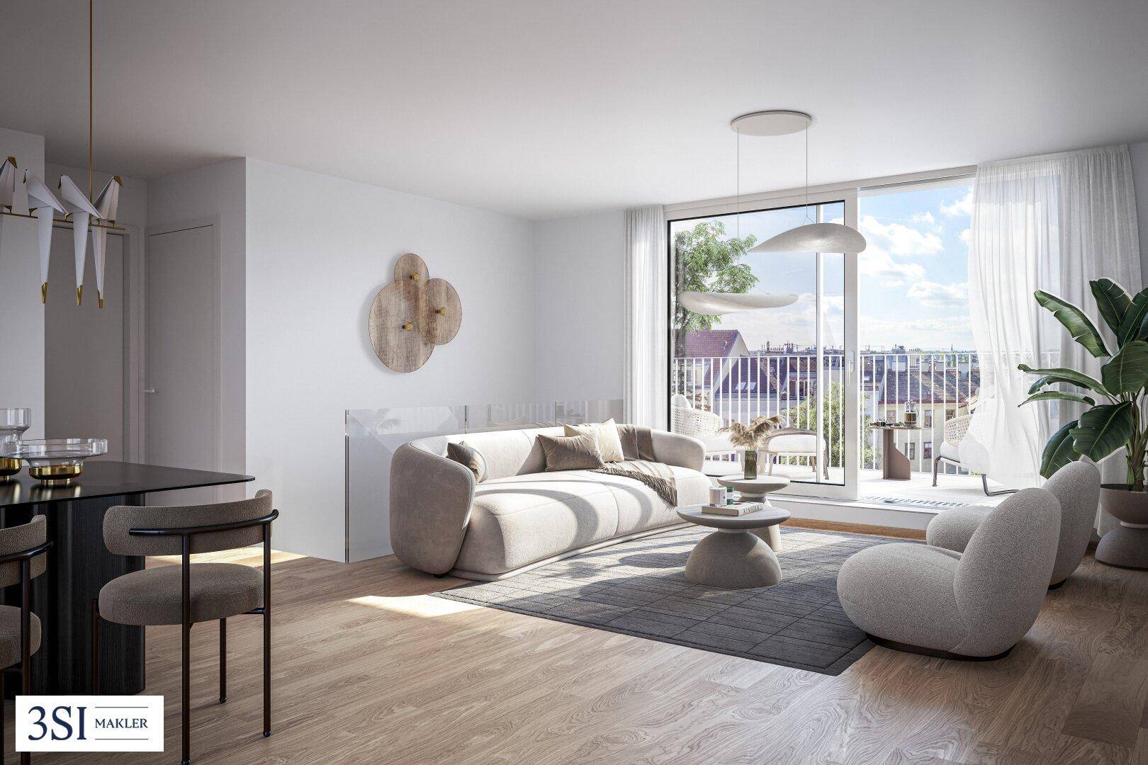 Helles Wohnzimmer mit modernem Sofa, Holzboden und Zugang zu einem Balkon mit Stadtblick.