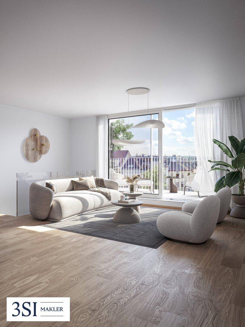 Helles Wohnzimmer mit modernem Sofa, Holzboden und Zugang zu einem Balkon mit Stadtblick.