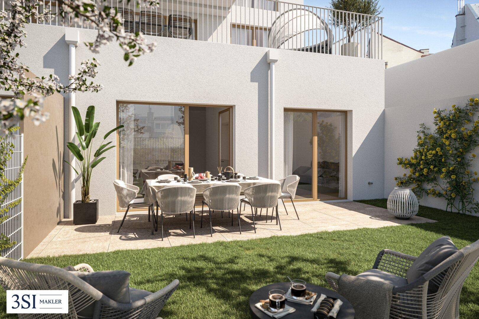 Sonniger Garten mit Terrasse, Esstisch und Lounge-Möbeln für entspannte Stunden.