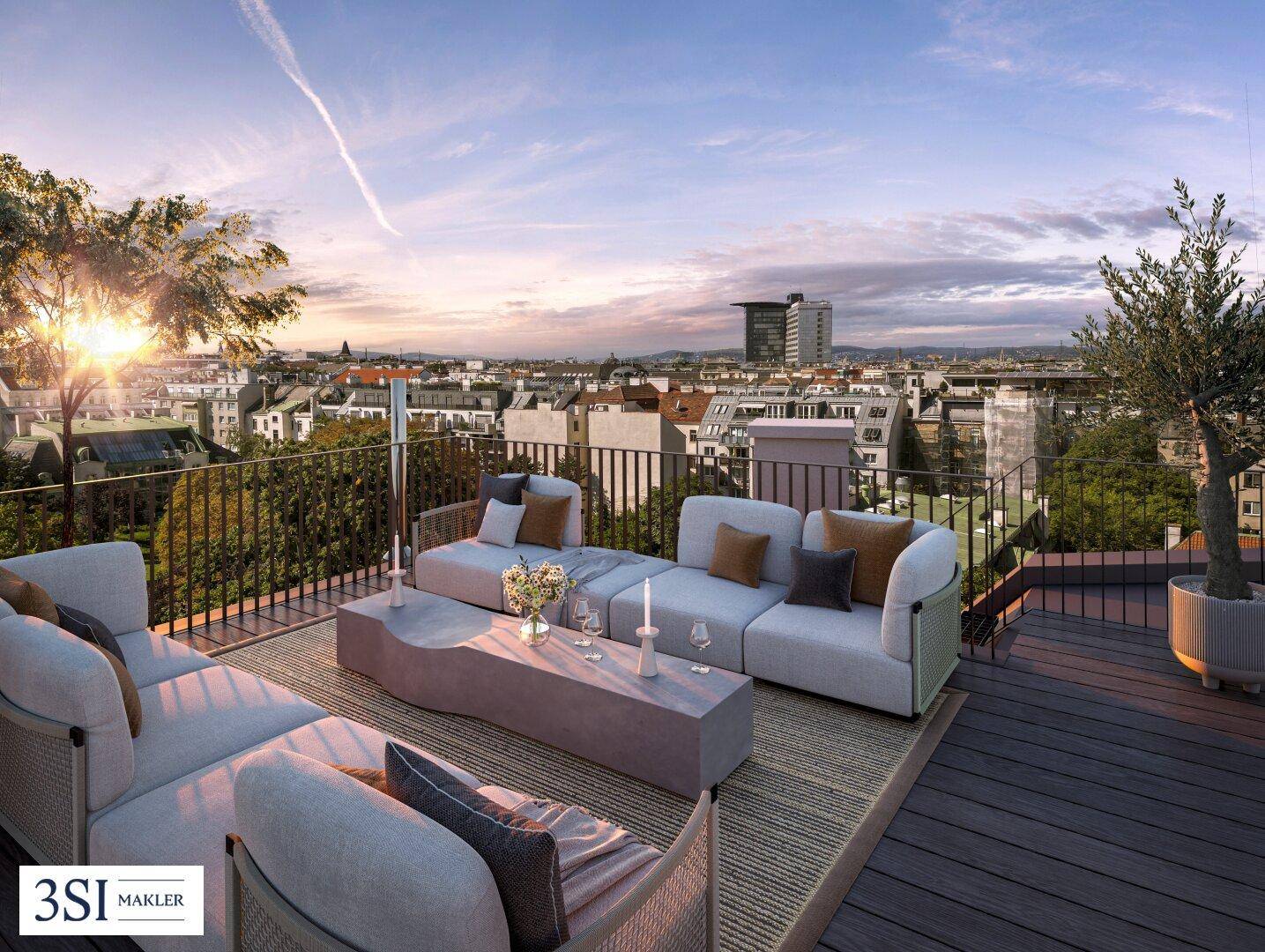 Großzügige Dachterrasse mit bequemen Loungemöbeln und weitem Blick über die Stadt.